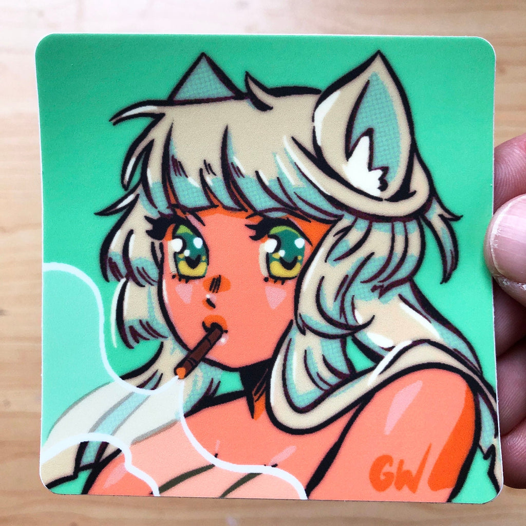 Green Smoking Cat Girl Sticker