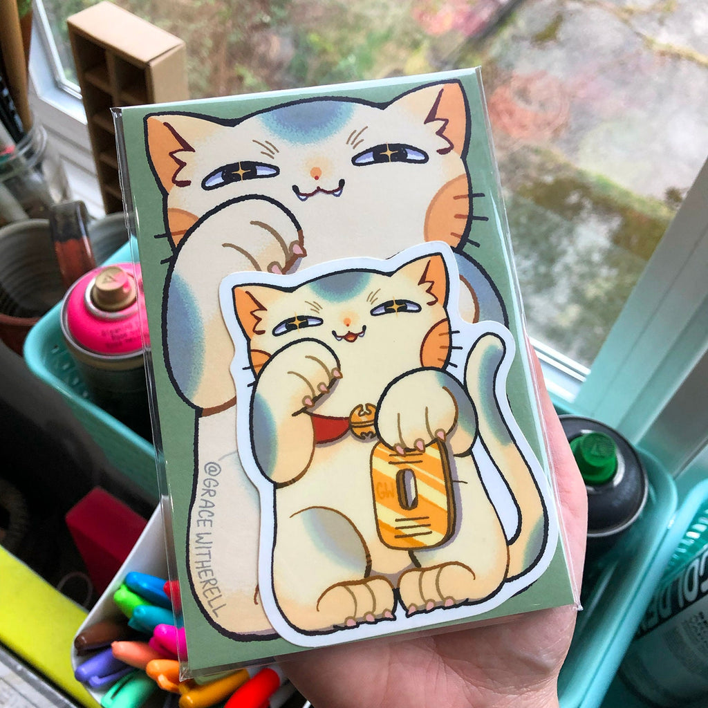 Lucky Cat Memo Pad and Sticker Bundle