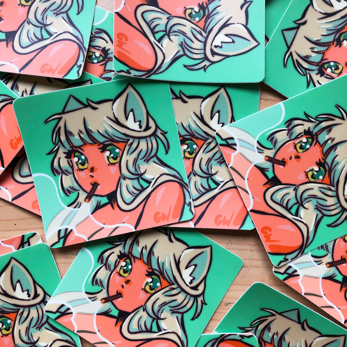 Green Smoking Cat Girl Sticker