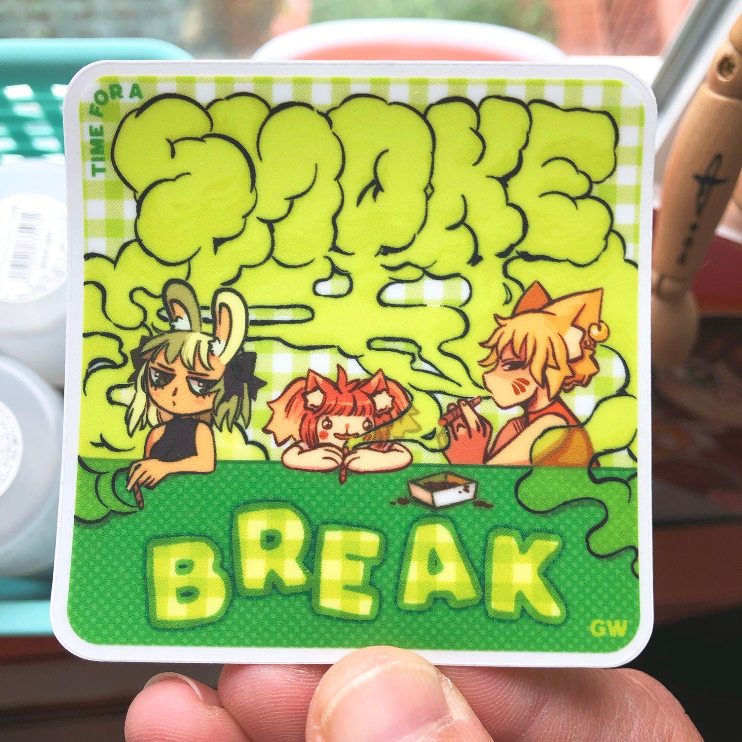 Green Check Smoke Break Sticker
